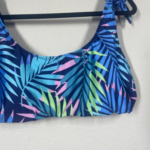 ModCloth 2X Tie Shoulder Bikini Top Swimwear Blue Tropical Palm Leaf - Picture 4 of 9